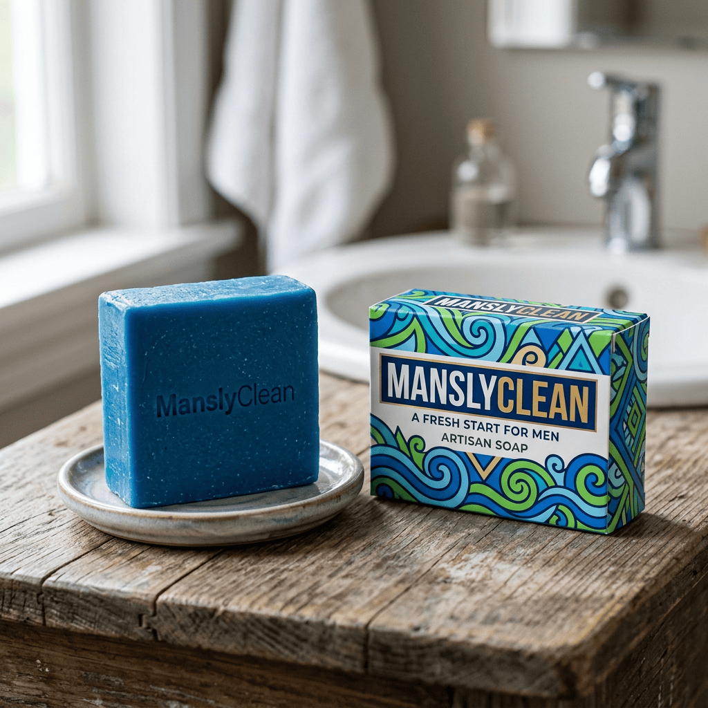 Blue ManslyClean soap bar beside colorful artisan soap packaging
