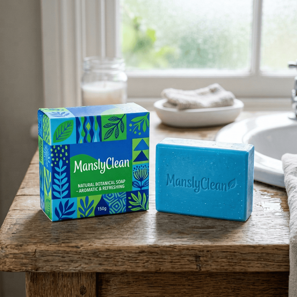 Oceanic Blossom botanical soap box and blue soap bar on wooden bathroom table